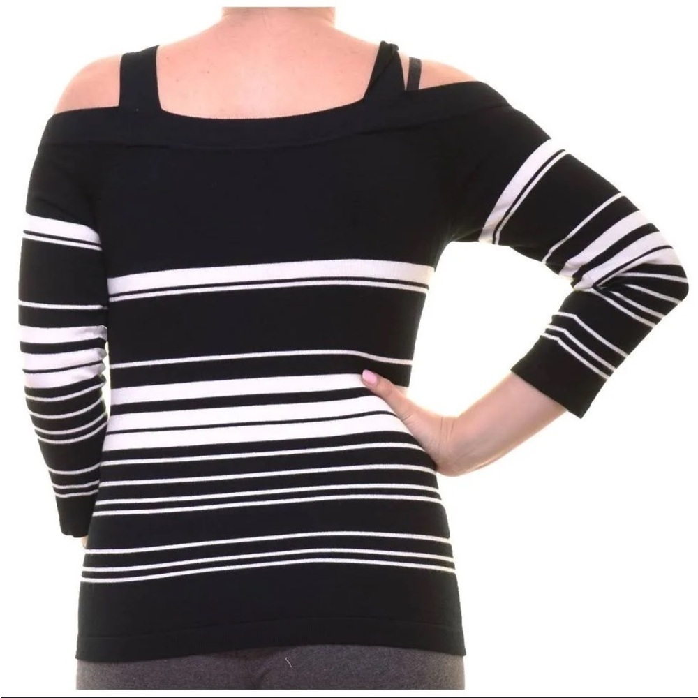 Women’s INC XXL Black White Striped Embroidered Cold Shoulder Sweater - Picture 12 of 12